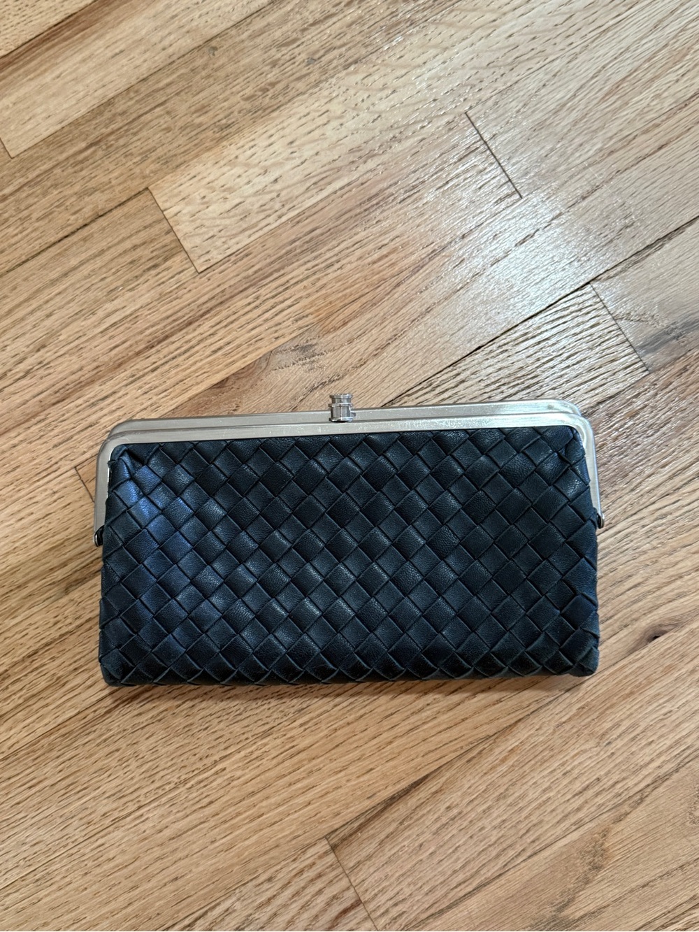 HOBO Black Woven Frame Clasp Clutch with Silver Trim 100% leather